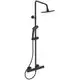 Duschsystem in schwarzem Finish mit Regendusche und Handbrause, montiert an einer Wand. Hersteller ist Ideal Standard.